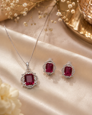 Royal Ruby Red Crystal Pendant Necklace & Earrings Set | Silver-Plated Jewelry for Women